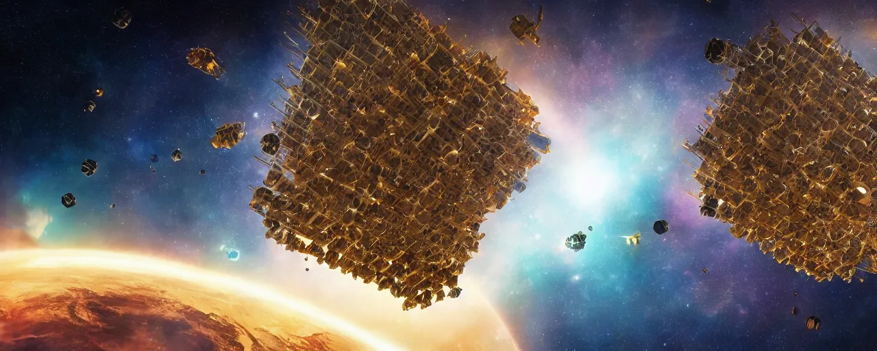 Image similar to movie still, wasp hive megastructure in space, unreal engine, octane render, detailed and intricate, global illumination, volumetric lighting, hubble telescope images, james webb telescope images, houdini fluid simulation, detailed and intricate environment