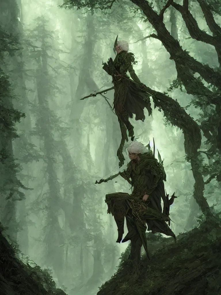Image similar to portrait of a male wood elf ranger with white hair, green eyes and a dark evergreen cloak, fantasy, intricate, elegant, highly detailed, digital painting, trending on artstation, concept art, smooth, sharp focus, illustration by greg rutkowski, craig mullins, frank frazetta