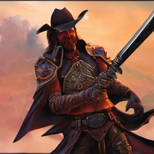 Prompt: Fantasy digital art for magic the gathering card, a close-up shot of a sword with a gun as the hilt on the back of a cowboy.