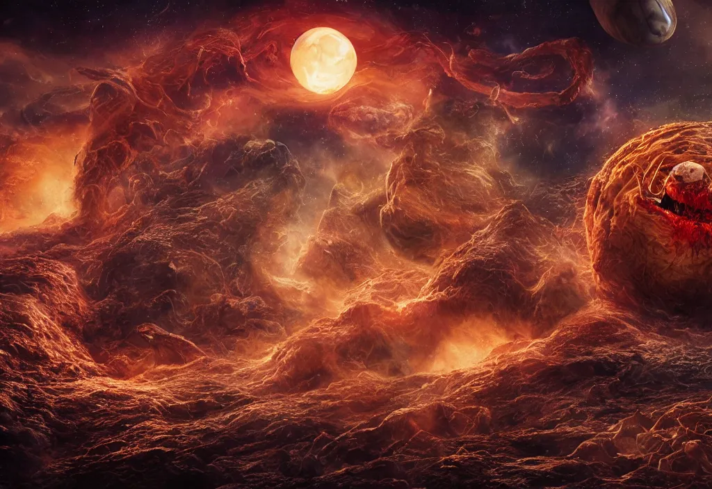 Image similar to eldritch horror bloody garfield in space, hd, 8 k, giant, epic, realistic photo, unreal engine, stars, prophecy, powerful, cinematic lighting, destroyed planet, debris, violent, sinister, ray tracing, dynamic, epic composition, dark, horrific, teeth, grotesque, monochrome drawing, hellscape, death, corpses