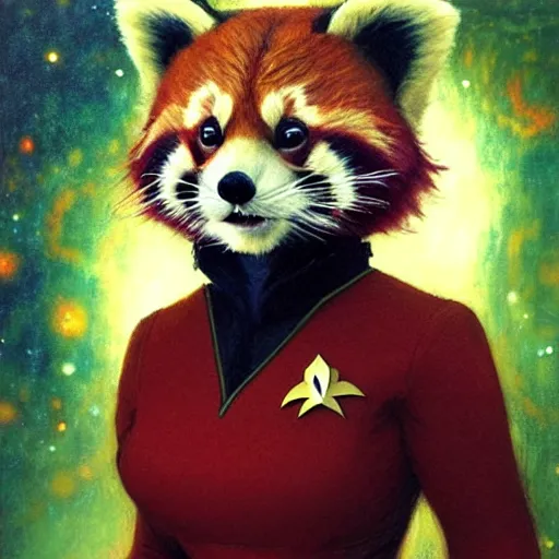 Image similar to a portrait of a female red panda in starfleet uniform at night in a dark forest. zootopia fursona furaffinity furry art detailed face painting by gaston bussiere craig mullins jc leyendecker gustav klimt artgerm greg rutkowski furry