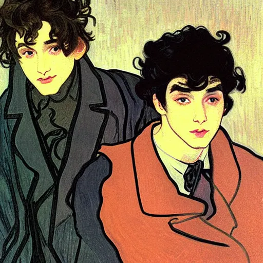 Image similar to painting of young cute handsome beautiful dark medium wavy hair man in his 2 0 s named shadow taehyung and cute handsome beautiful min - jun together at the halloween! party, bubbling cauldron!, candles!, smoke, autumn! colors, elegant, wearing suits!, clothes!, delicate facial features, art by alphonse mucha, vincent van gogh, egon schiele