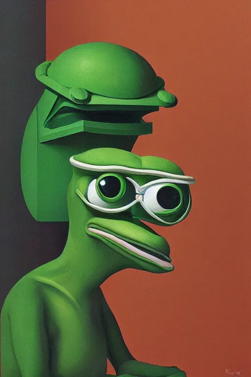 Prompt: Pepe frog wearing Oculus and trash bin over his head Edward Hopper and James Gilleard, Zdzislaw Beksisnski, higly detailed