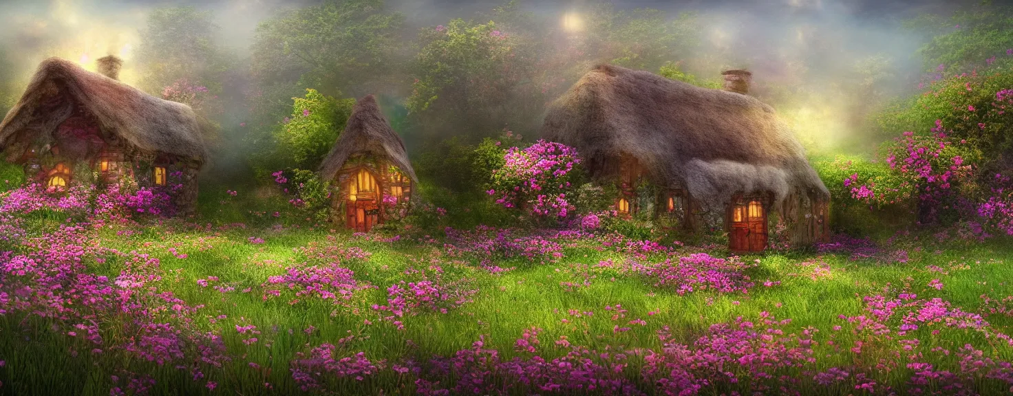 Prompt: fantasy little strawberry like cottage among magical floral meadow partially covered with fog, photo realistic image, super detailed, 4K,cinematic look