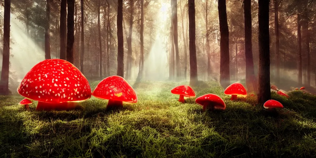 Prompt: Photo by Filip Hodas of the cinematic view of the Forest of the Giants, giant semi translucent mushroom, some normal mushrooms on the floor, A very big red with white spotted mushroom, photorealism, some sun ray of lights falling, photo taken with canon 5D