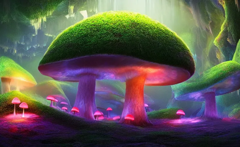 Prompt: a beautiful and stunning professional digital artwork of a glowing mushroom cave, haze, spores floating in the air, waterfall, volumetric lighting, hyperrealistic, rtx on, ultra detail