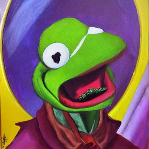 Image similar to portrait of kermit the frog with salvadore dali mustache, expressive oil painting