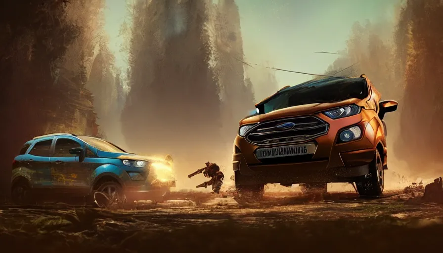 Prompt: ford ecosport, malayalis attacking, furious action scene, an epic fantasy, dramatic lighting, cinematic, establishing shot, extremely high detail, photorealistic, cinematic lighting, artstation, by simon stalenhag, shadow of the tomb rider