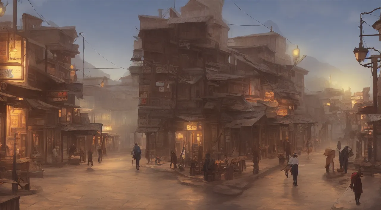 Prompt: a digital painting of an old western town, concept art by Makoto Shinkai, cg society contest winner, photorealism, 2d game art, concept art, matte painting