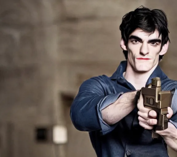 Image similar to rj mitte holding a granade, movie still, upper body shot, photorealistic, clean composition