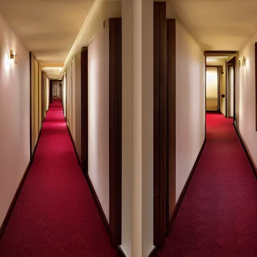 Image similar to an erie hotel corridor with red carpet, at the end of the corridor the light comes from a window, dust particles in the air