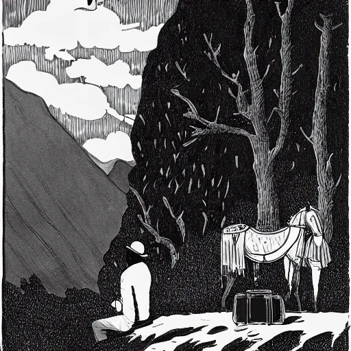 Prompt: a black and white edward gorey illustration of a man in old fashioned clothes waits by the side of the mountain road with his suitcase, looking at a coach with 4 horses is in front of him, stormy night time in the mountains highly detailed in the style of edward gorey, artgerm, 8 k resolution - c 5