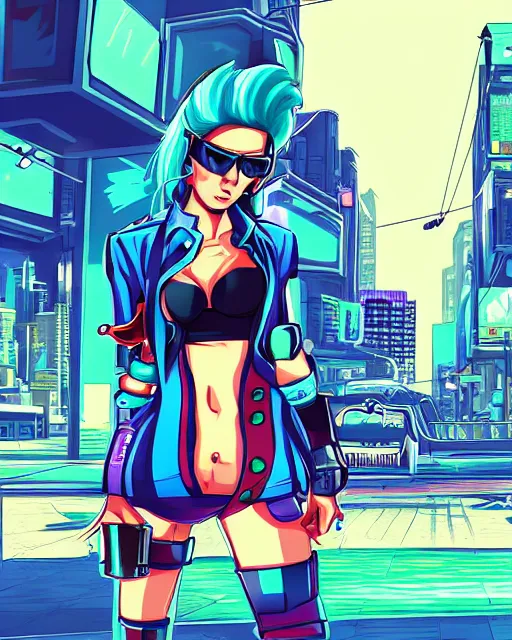 Image similar to cel shaded art of a pretty blue haired girl, jet grind radio graphics, cyberpunk city street background