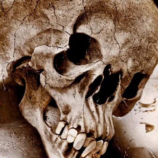 Image similar to “ high resolution photo of archeologists digging up the skull of a monster with horns and sharp teeth ”