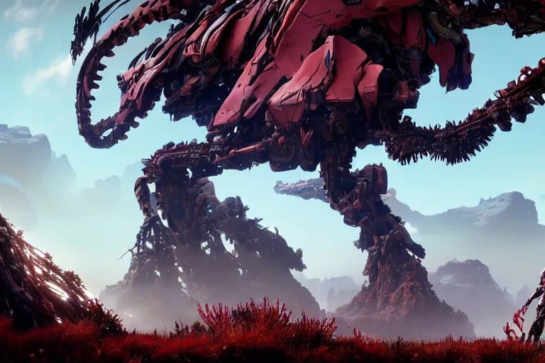 Image similar to wide epic shot. a hyper detailed fanghorn evangelion realistic mechanical and organic creature similar look as horizon forbidden west horizon zero dawn, bioluminiscence in a dark deep forest at dawn in spring, with reflection and textures, by kilian eng, substance painter reaslitic mech surface metal painted scratches, world env from horizon forbidden west horizon zero dawn