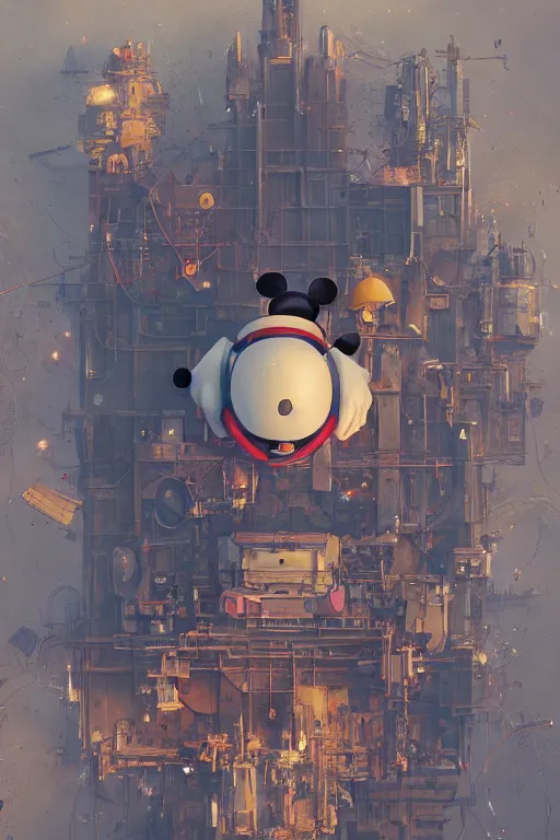 Image similar to top view of many mechanics repairing on mickey mouse head, greg rutkowski, beeple, gilleard, alphonse mucha cgsociety, unreal engine, octane render, highly detailed 4 k art, smooth, sharp focus, cinematic lighting, volumetric lighting, artstation,