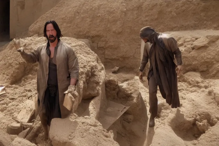 Prompt: film still of keanu reeves wearing an archaeological outfit sifting material at an ancient egyptian archaeological digsite