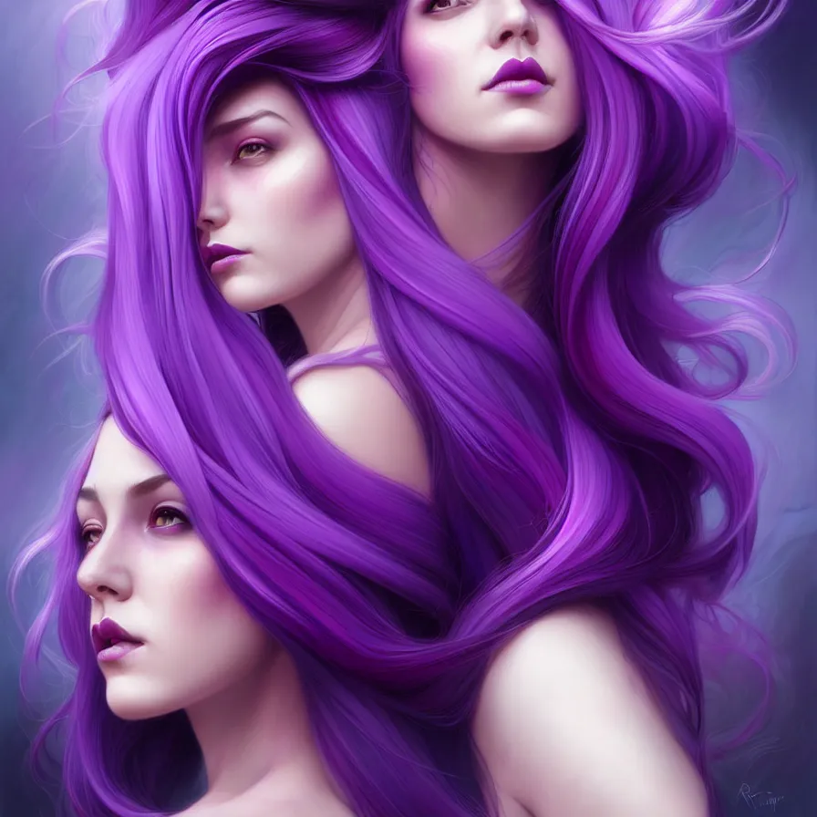 Image similar to Purple hair relistic Portrait of a two woman with bright colored flying hair, all shades of purple. Beauty face, Hair coloring, fantasy, intricate, elegant, highly detailed, digital painting, artstation, concept art, smooth, sharp focus, illustration, art by artgerm and greg rutkowski and alphonse mucha