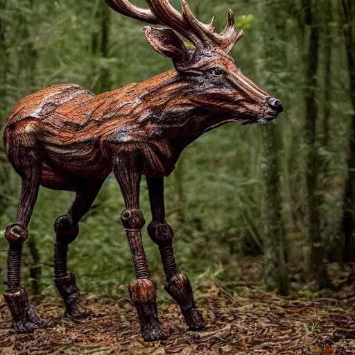 Prompt: hyperealistic sculpture of a monstrous deer with rusty pipes extruding from its body, body horror, living bodies, scary, disturbing, static noise, eerie, SCP Foundation, realistic creepypasta, found footage, living creature