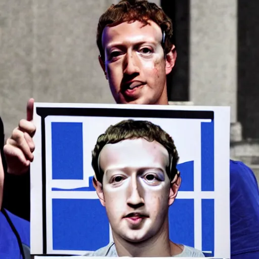 Image similar to Mark Zuckerberg police mug shot holding up a placard with a number on it