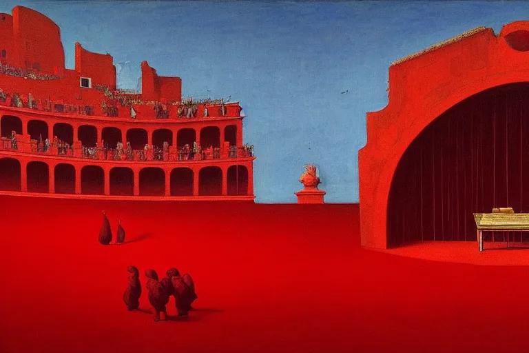 Image similar to only with red, a red great emperor, taormina amphitheatre, crowd with big smile, in the style of beksinski, parts by edward hopper, parts by rodcenko, parts by yue minjun, intricate and epic composition, red by caravaggio, insanely quality, highly detailed, masterpiece, red light, artstation, 4 k