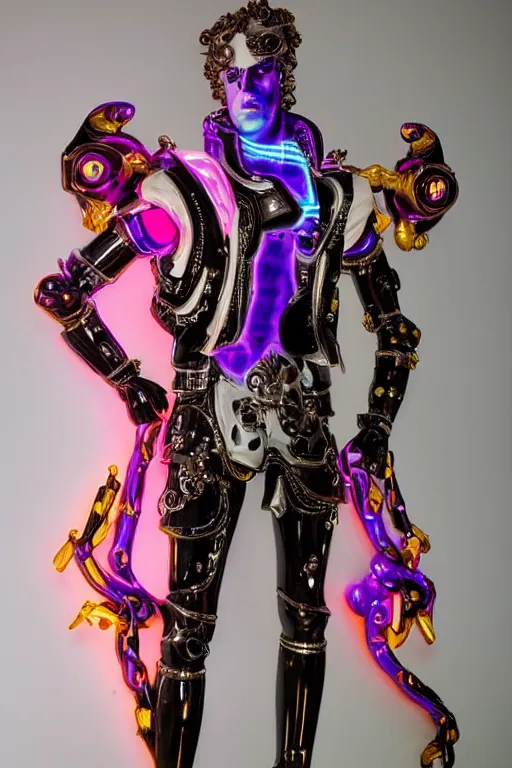 Prompt: full-body neon porcelain baroque bladerunner greek style sculpture of a young handsome Spanish royal as a high-fashion half-robot with a porcelain body with an opening exposing a battery leaking radioactive liquid, electric sparks, glowing violet laser beam eyes, crown of giant rubies, flowing pink and orange neon-colored silk, luminescent fabrics, mechanical raptors. baroque and steampunk elements. full-length view. baroque element. intricate artwork by caravaggio. Very very very very highly detailed epic photo of face. Trending on artstation, octane render, cinematic lighting from the right, hyper realism, octane render, 8k, depth of field, 3D