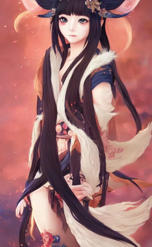 Prompt: A beautiful anime-style digital concept portrait of a beautiful young sorceress with fox ears and nine fox tails wearing a kimono, by Stanley Artgerm Lau, WLOP, Rossdraws, LeraPi, and Sakimichan, trending on ArtStation