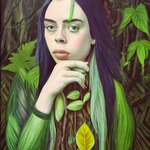 Prompt: Acrylic on canvas long shot of Billie Eilish as a wood princess with a leaf dress, low-key lighting, woods background, fairy tale, nature, forest, detailed face, realistic