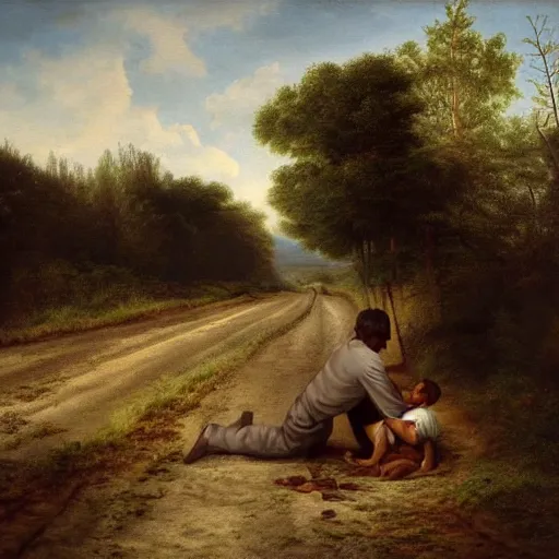Prompt: painting of a man feeding a poor boy on a country road, surreal highly detailed
