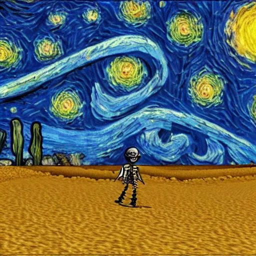 Image similar to 3 d render, skeleton, ship, walking, desert, in the style of van gogh starry night.