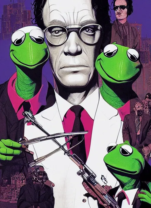 Image similar to poster artwork by Michael Whelan and Tomer Hanuka, Karol Bak of portrait of Kermit the Frog, from scene from Reservoir Dogs, clean