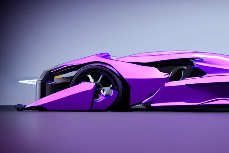 Image similar to cyberpunk purple batmobile concept inspired sports car, futuristic look, highly detailed body, very expensive, photorealistic camera shot, bright studio setting, studio lighting, crisp quality and light reflections, unreal engine 5 quality render