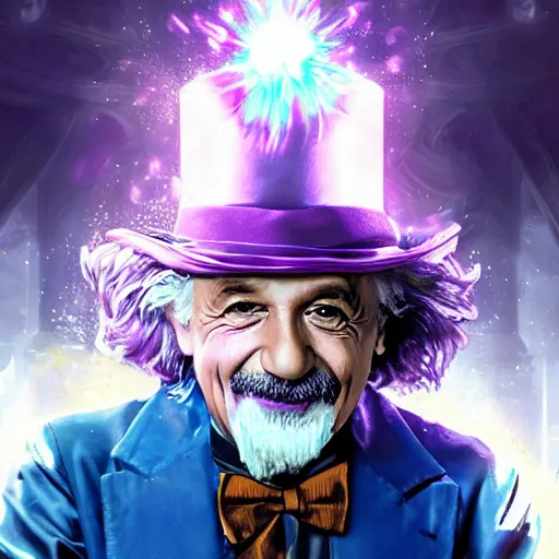 Image similar to portrait of albert einstein as willy wonka, league of legends amazing splashscreen artwork, fantasy, splash art, natural light, elegant, photorealistic facial features, intricate, fantasy, detailed face, atmospheric lighting, anamorphic lens flare, cinematic lighting, league of legends splash art, hd wallpaper, ultra high details by greg rutkowski