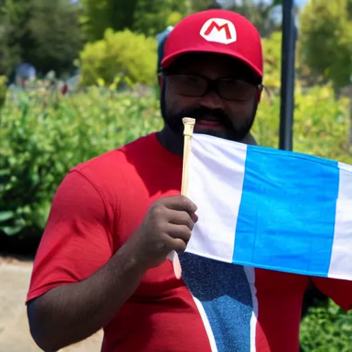 Image similar to Jeffy from super Mario Logan holding up a transgender flag