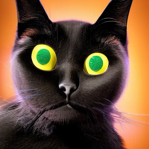 Image similar to cute black cat with white whiskers and green eyes, bowtie, high detail, rendered in octane, pixar style, studio photography