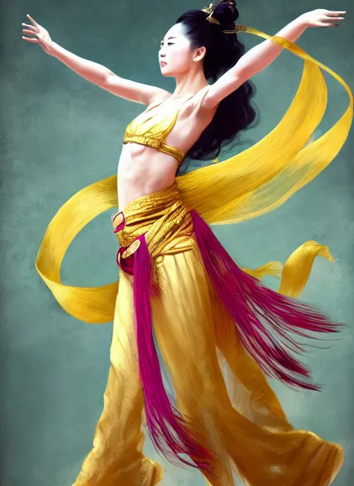 Image similar to full body portrait of a dancer throwing large ribbons, feet, barefoot, full body, vivacious, extremely beautiful, gold jewelry, hanfu, chinese ribbon dance, aerial silk, large flying ribbons, ming dynasty, detailed, realistic face, anatomically accurate, fantasy art, ghostblade, wlop.