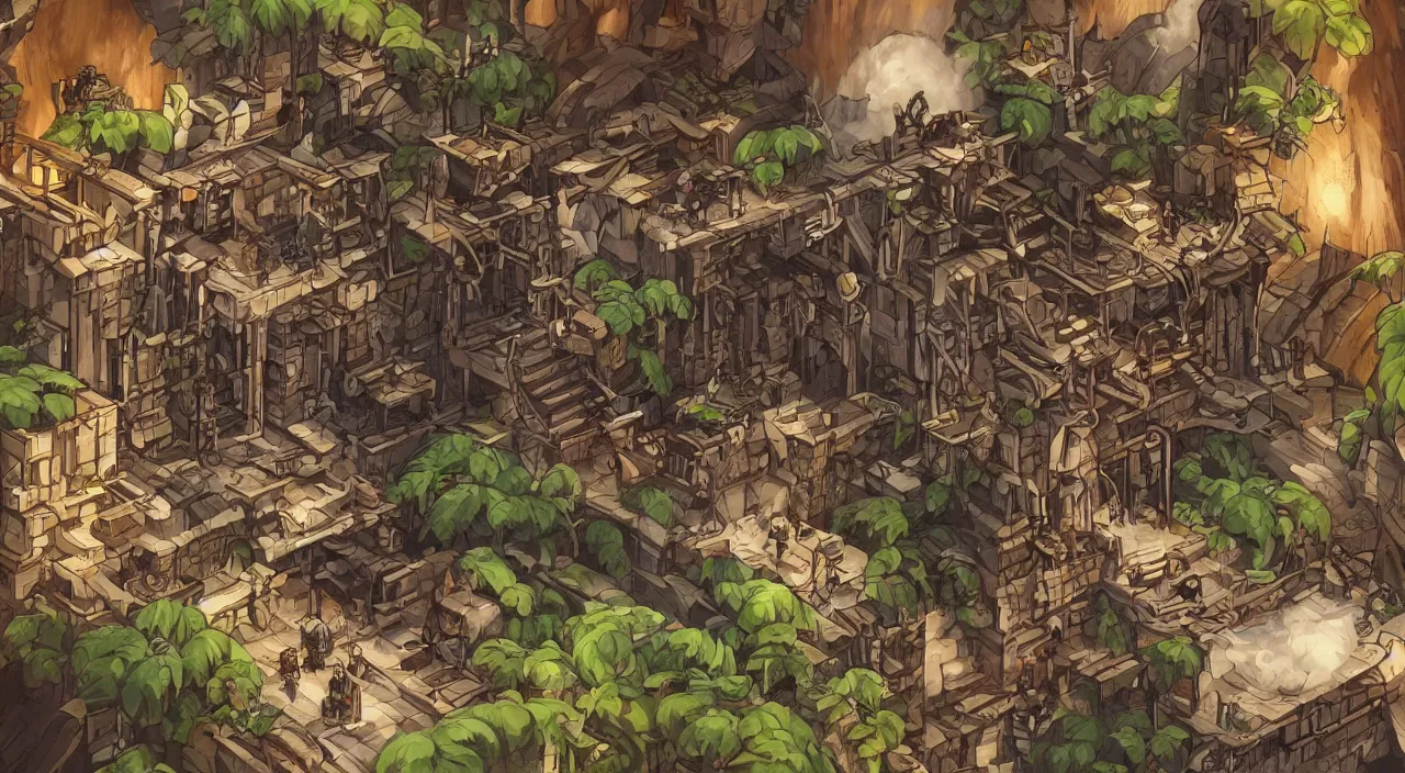 Image similar to open door wood wall fortress airship greeble block amazon jungle vanillaware fanart arstation by sung choi and eric pfeiffer and gabriel garza and casper konefal