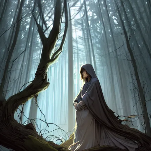 Image similar to wide angle, cloaked woman, sleeping on base of tree, white grey blue color palette, eyes closed, forest, female, d & d, fantasy, intricate, elegant, highly detailed, long brown hair, digital painting, artstation, octane render, concept art, matte, sharp focus, illustration, hearthstone, art by artgerm, alphonse mucha johannes voss