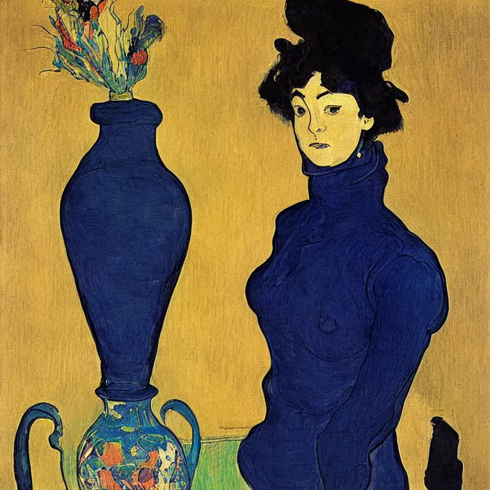 Image similar to woman with painted vase with vase. deep dark indigo blue. henri de toulouse - lautrec, ferdand hodler, egon schiele, gauguin, utamaro