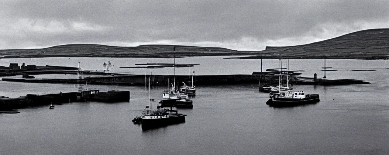 Prompt: the harbour at Stromness orkney, from Das Boot (1981), cinematic,