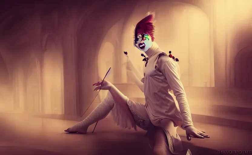 Prompt: award winning art of a attractive male pierrot, performing at a magnificent circus, beautiful circus themed background, trending artstation, digital art, aesthetic, bloom, intricate, elegant, sharp focus, digital illustration, highly detailed, octane render, digital painting, concept art, fantasy carnival, masterpiece