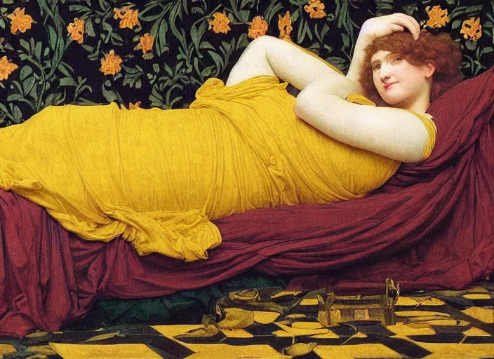 Prompt: portrait of raven reclining on bed wearing yellow ochre ornate medieval dress, foreshortening, framed, preraphaelite colour photography by frederic leighton, william morris, 8 k