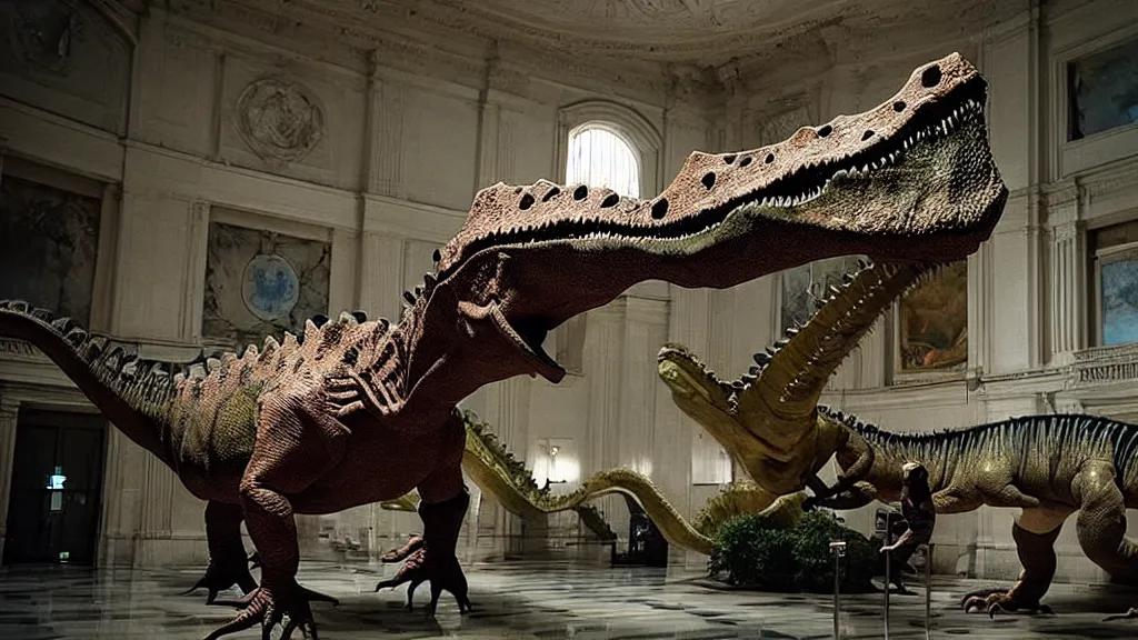 Prompt: the strange dinosaur in city hall, made of wax and water, film still from the movie directed by Denis Villeneuve with art direction by Salvador Dalí, wide lens