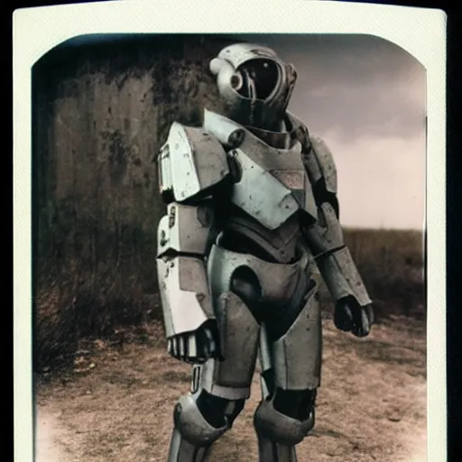 Prompt: polaroid of enclave X-01 power armor by Tarkovsky