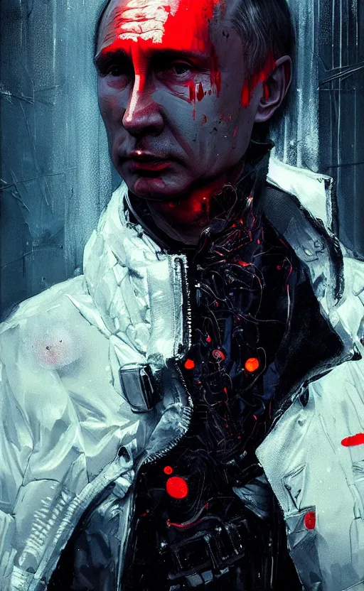 Image similar to detailed portrait vladimir putin, cyberpunk futuristic neon, reflective puffy coat with blood splats by ismail inceoglu dragan bibin hans thoma greg rutkowski alexandros pyromallis nekro rene maritte illustrated, perfect face, fine details, realistic shaded, fine - face, direct glaze