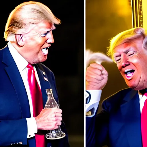 Image similar to joe biden and donald trump getting drunk together at a pub, laughing and joking, at night