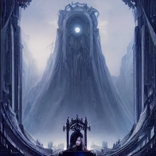 Image similar to of a beautiful black haired woman with pale skin and a crown on her head sitted on an intricate metal throne in eerie atmospheric alien worlds, epic cinematic matte painting, art by greg rutkowski