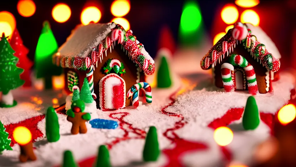 Image similar to closeup of colorful miniature gingerbread house at night, gingerbread people, candy canes, forest, christmas, snow, claymation, bokeh, depth of field 1 0 0 mm, cinematic scene, studio quality, visually stunning, unreal engine, octane render
