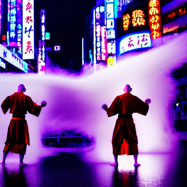 Image similar to cyber monks fight water dance supreme water fist, detailed animal form water, fighting stance energy, shibuya prefecture, cinematic neon uplighting, fog mist smoke, photorealistic, night photography by tomino - sama