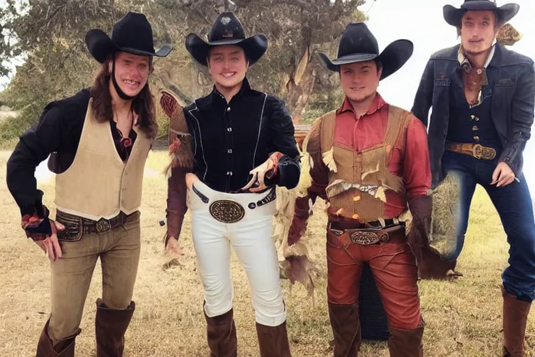 Prompt: david dressed as cowboy costume, group of 3 friends, elon musk, pewdiepie, mrbeast!!!